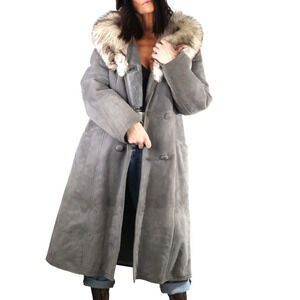 Shearling Sheepskin Gray Suede Lamb Long Coat Fox Fur Collar Winter Women’s S
